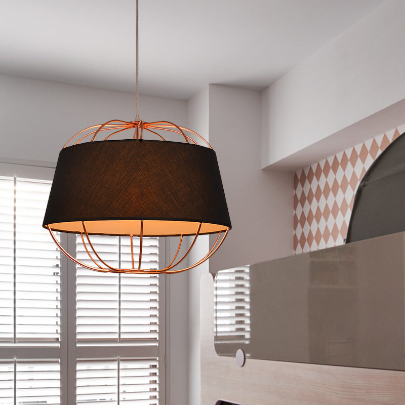1 Bulb Pendant Light Kit Country Tapered Drum Fabric Hanging Lamp in White/Black with Wire Cage Clearhalo 'Ceiling Lights' 'Pendant Lights' 'Pendants' Lighting' 785431