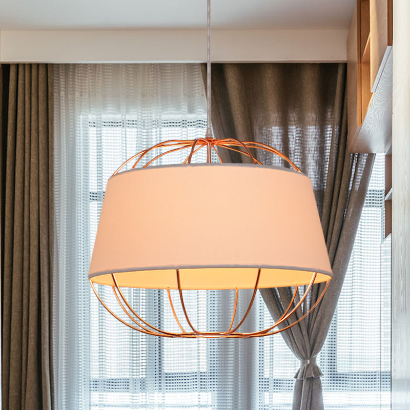 1 Bulb Pendant Light Kit Country Tapered Drum Fabric Hanging Lamp in White/Black with Wire Cage White Clearhalo 'Ceiling Lights' 'Pendant Lights' 'Pendants' Lighting' 785434_5a979789-c230-4fdd-90d6-fe7715640016