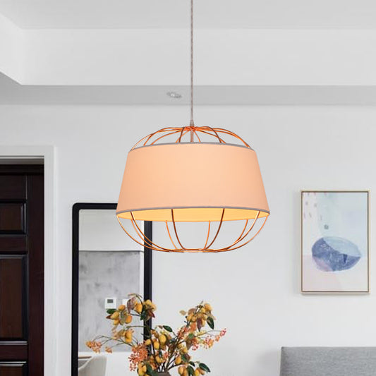 1 Bulb Pendant Light Kit Country Tapered Drum Fabric Hanging Lamp in White/Black with Wire Cage Clearhalo 'Ceiling Lights' 'Pendant Lights' 'Pendants' Lighting' 785435