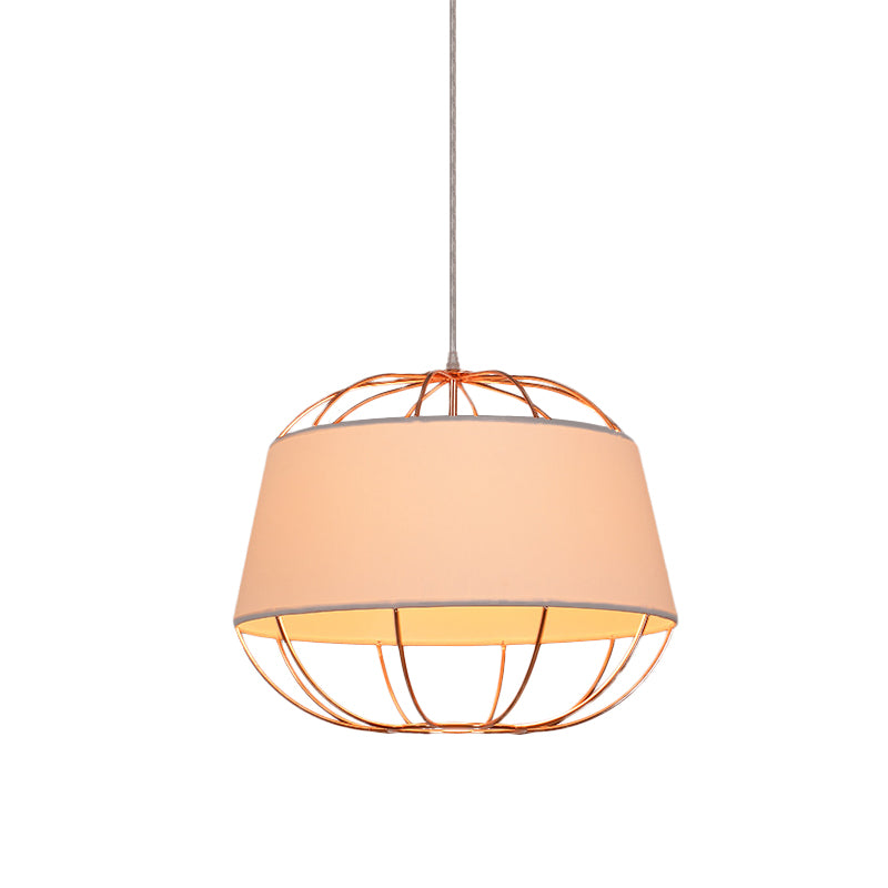 1 Bulb Pendant Light Kit Country Tapered Drum Fabric Hanging Lamp in White/Black with Wire Cage Clearhalo 'Ceiling Lights' 'Pendant Lights' 'Pendants' Lighting' 785437