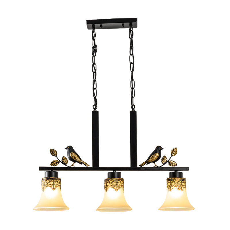 3 Heads Tan Glass Island Light Pendant Traditional Black Finish Bell Dining Room Ceiling Lamp with Bird Deco Clearhalo 'Ceiling Lights' 'Island Lights' Lighting' 785452