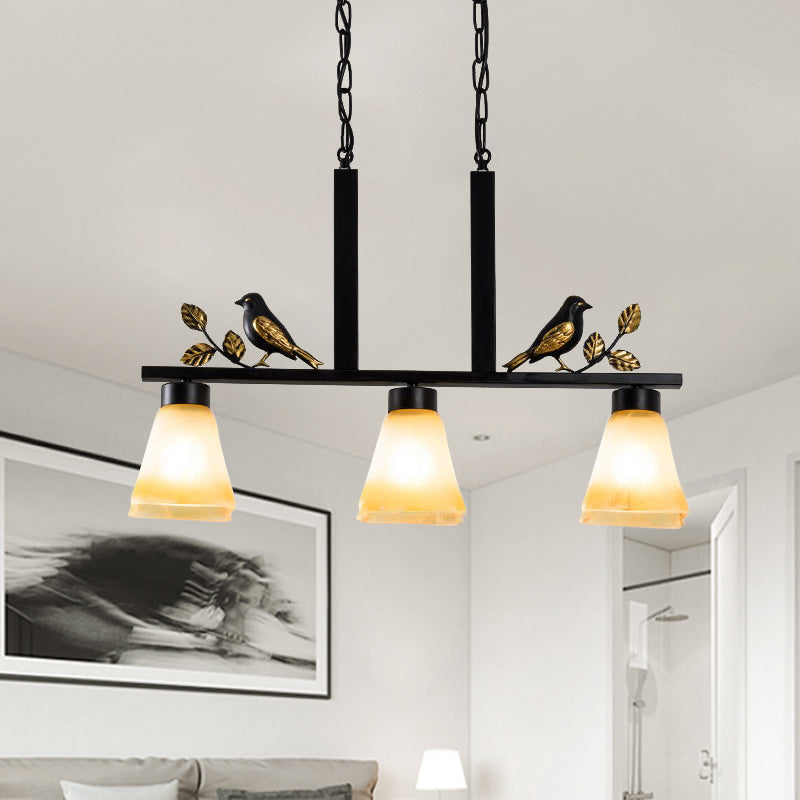 3 Heads Tan Glass Island Light Pendant Traditional Black Finish Bell Dining Room Ceiling Lamp with Bird Deco Clearhalo 'Ceiling Lights' 'Island Lights' Lighting' 785455