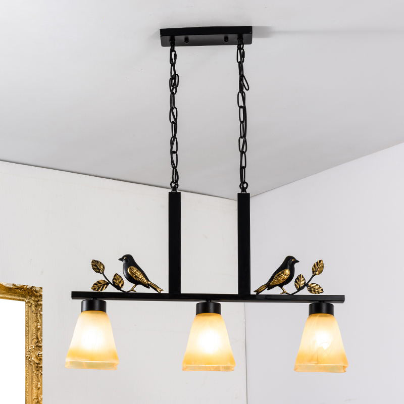 3 Heads Tan Glass Island Light Pendant Traditional Black Finish Bell Dining Room Ceiling Lamp with Bird Deco Clearhalo 'Ceiling Lights' 'Island Lights' Lighting' 785456