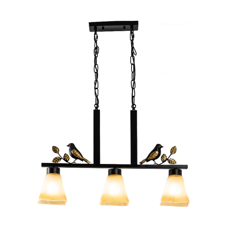 3 Heads Tan Glass Island Light Pendant Traditional Black Finish Bell Dining Room Ceiling Lamp with Bird Deco Clearhalo 'Ceiling Lights' 'Island Lights' Lighting' 785457