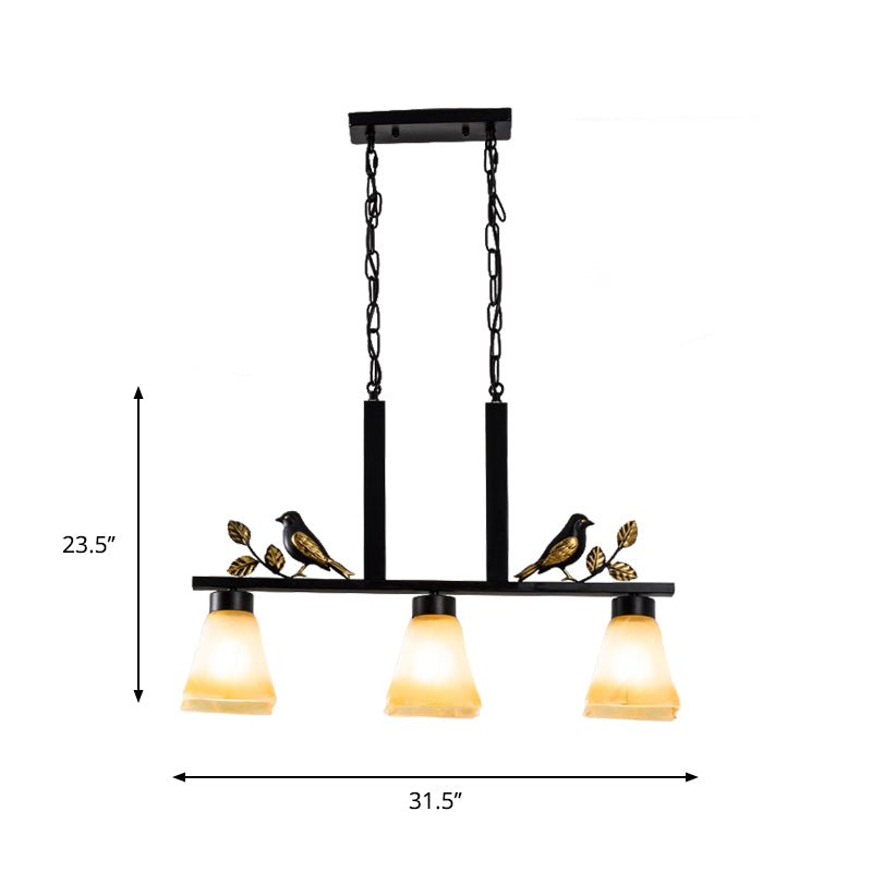 3 Heads Tan Glass Island Light Pendant Traditional Black Finish Bell Dining Room Ceiling Lamp with Bird Deco Clearhalo 'Ceiling Lights' 'Island Lights' Lighting' 785458