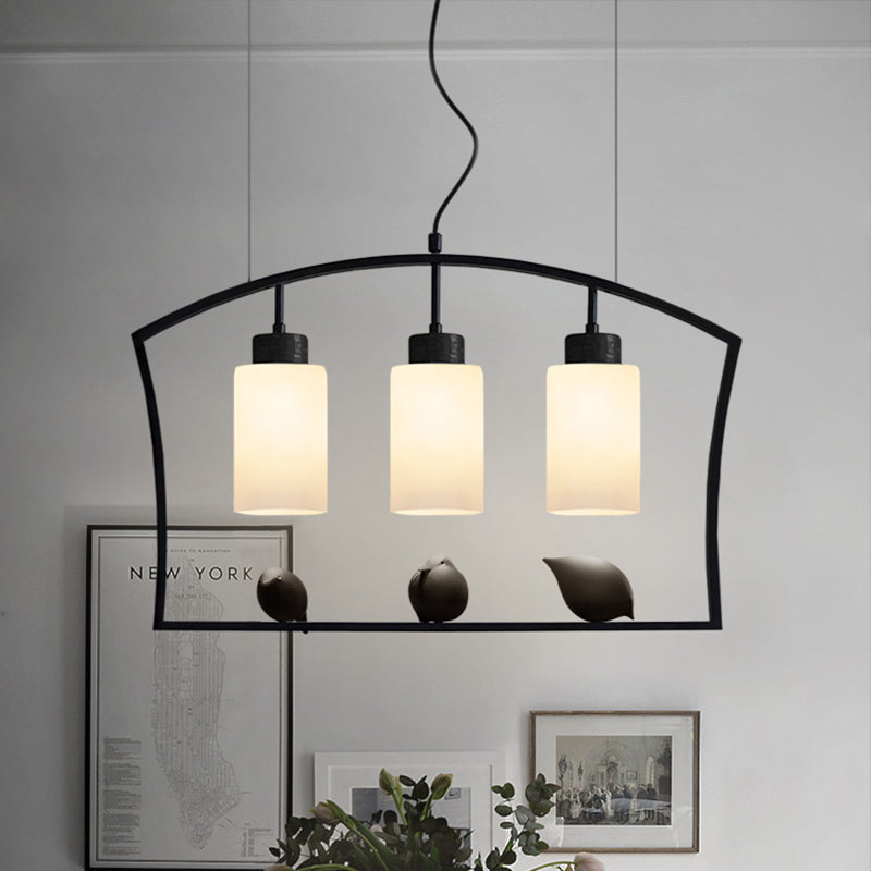 Chinese Style Cylinder Island Light Fixture 3-Bulb White Glass Hanging Ceiling Lamp in Black with Bird Decor Black Clearhalo 'Ceiling Lights' 'Island Lights' Lighting' 785459