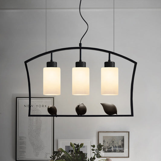 Chinese Style Cylinder Island Light Fixture 3-Bulb White Glass Hanging Ceiling Lamp in Black with Bird Decor Black Clearhalo 'Ceiling Lights' 'Island Lights' Lighting' 785459