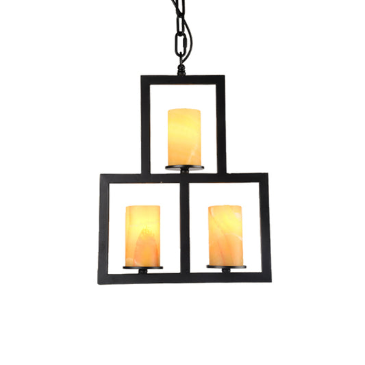 Yellow Dolomite Black Finish Chandelier Lamp Cylinder 3-Light Country Hanging Lighting with 3-Rectangle Frame Clearhalo 'Ceiling Lights' 'Chandeliers' Lighting' options 785472