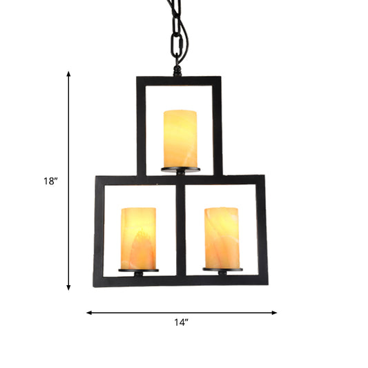 Yellow Dolomite Black Finish Chandelier Lamp Cylinder 3-Light Country Hanging Lighting with 3-Rectangle Frame Clearhalo 'Ceiling Lights' 'Chandeliers' Lighting' options 785474