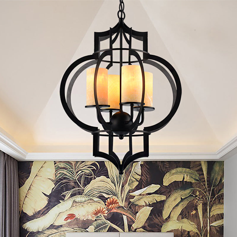 4 Lights Lantern Frame Pendant Lamp Countryside Black Finish Metallic Chandelier Lighting Clearhalo 'Ceiling Lights' 'Chandeliers' Lighting' options 785479
