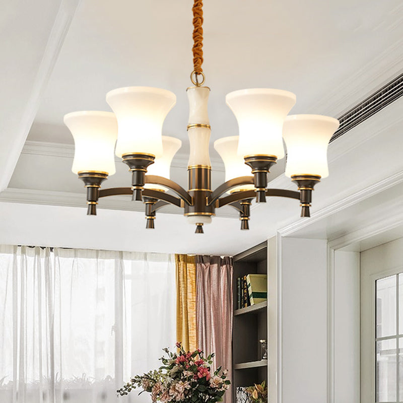 6/8 Lights Hanging Light Fixture Retro Living Room Chandelier Lamp with Bell White Glass Shade in Black Clearhalo 'Ceiling Lights' 'Chandeliers' Lighting' options 785684