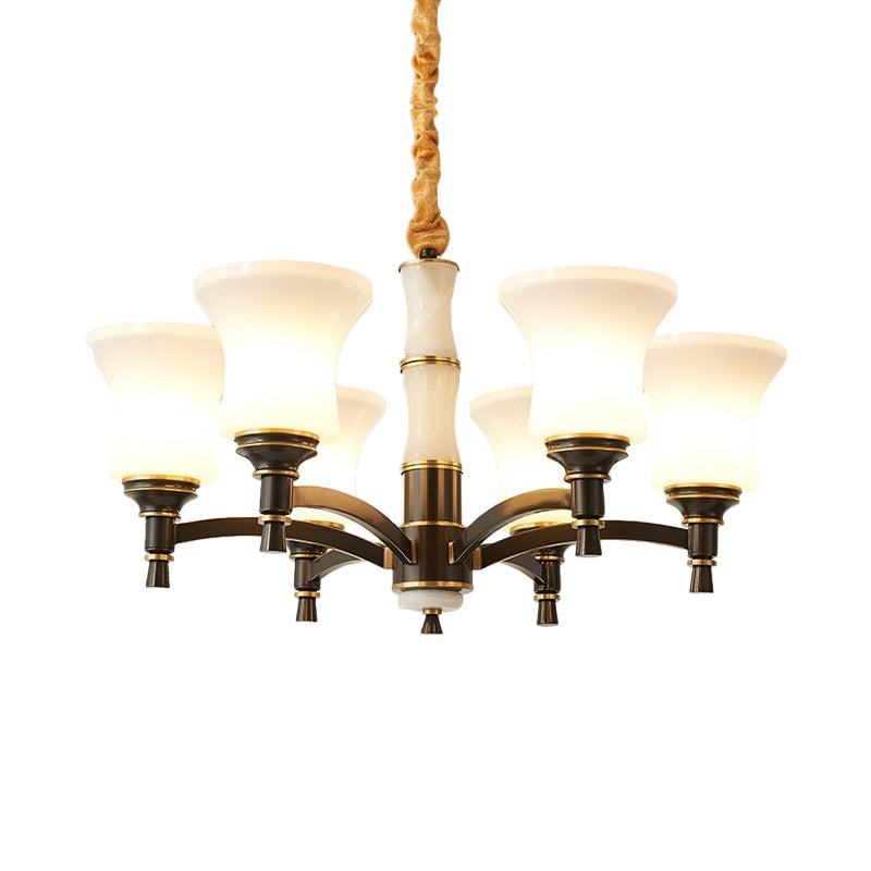 6/8 Lights Hanging Light Fixture Retro Living Room Chandelier Lamp with Bell White Glass Shade in Black Clearhalo 'Ceiling Lights' 'Chandeliers' Lighting' options 785685