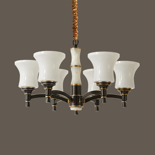 6/8 Lights Hanging Light Fixture Retro Living Room Chandelier Lamp with Bell White Glass Shade in Black Clearhalo 'Ceiling Lights' 'Chandeliers' Lighting' options 785686