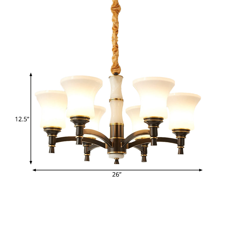 6/8 Lights Hanging Light Fixture Retro Living Room Chandelier Lamp with Bell White Glass Shade in Black Clearhalo 'Ceiling Lights' 'Chandeliers' Lighting' options 785687