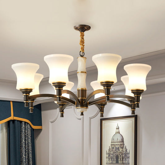 6/8 Lights Hanging Light Fixture Retro Living Room Chandelier Lamp with Bell White Glass Shade in Black Clearhalo 'Ceiling Lights' 'Chandeliers' Lighting' options 785688