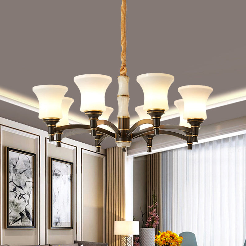 6/8 Lights Hanging Light Fixture Retro Living Room Chandelier Lamp with Bell White Glass Shade in Black Clearhalo 'Ceiling Lights' 'Chandeliers' Lighting' options 785689