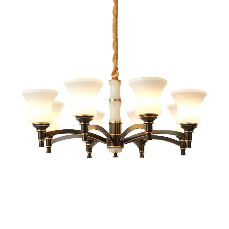 6/8 Lights Hanging Light Fixture Retro Living Room Chandelier Lamp with Bell White Glass Shade in Black Clearhalo 'Ceiling Lights' 'Chandeliers' Lighting' options 785690