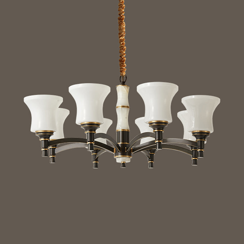 6/8 Lights Hanging Light Fixture Retro Living Room Chandelier Lamp with Bell White Glass Shade in Black Clearhalo 'Ceiling Lights' 'Chandeliers' Lighting' options 785691