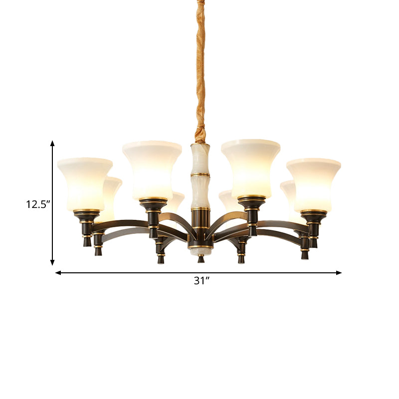 6/8 Lights Hanging Light Fixture Retro Living Room Chandelier Lamp with Bell White Glass Shade in Black Clearhalo 'Ceiling Lights' 'Chandeliers' Lighting' options 785692