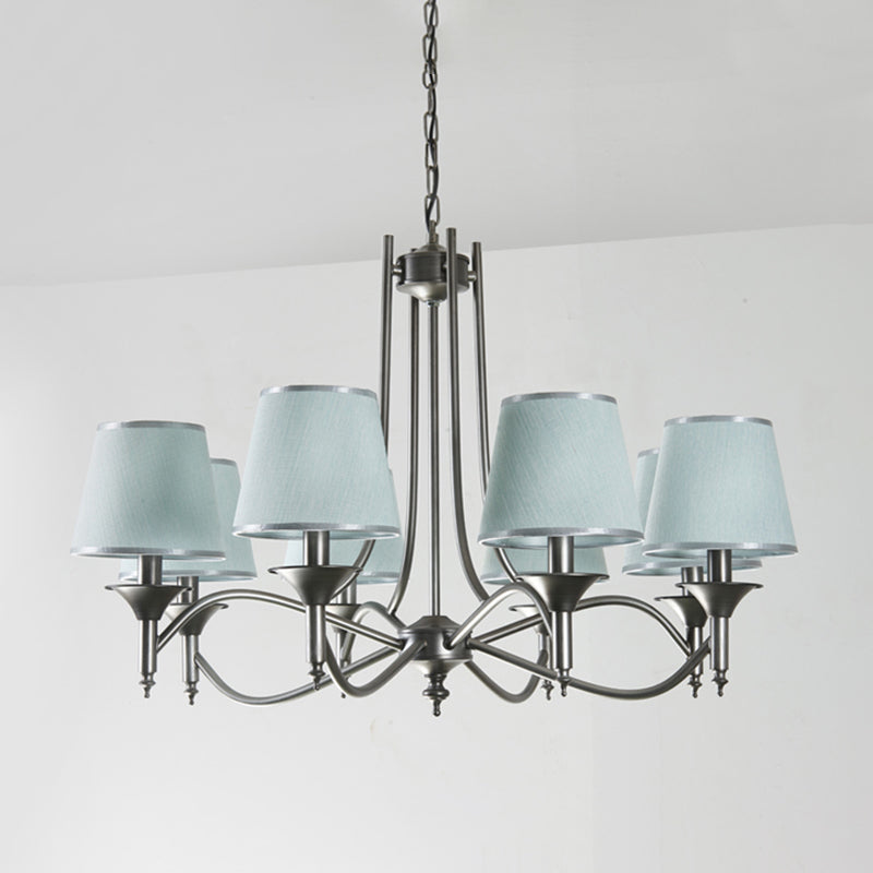Traditional Twisted Arm Chandelier 8 Bulbs Metallic Pendant Light Kit in Silver/Blue/White and Silver with Conic Fabric Shade Clearhalo 'Ceiling Lights' 'Chandeliers' Lighting' options 785695
