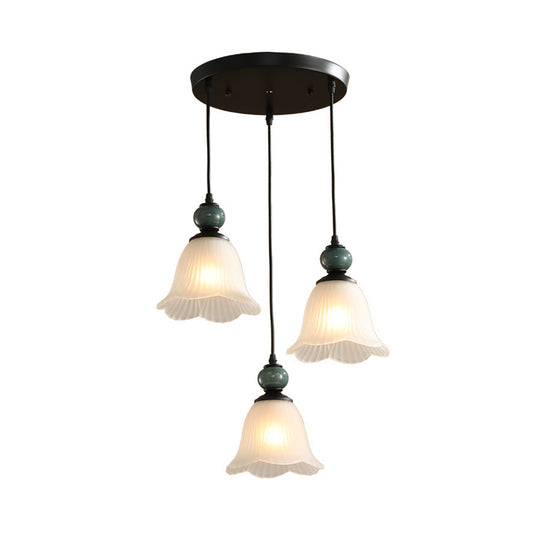 Frosted Ribbed Glass Flared Cluster Pendant Rustic 3 Lights Dining Room Hanging Lamp Kit in Black with Round/Linear Canopy Clearhalo 'Ceiling Lights' 'Pendant Lights' 'Pendants' Lighting' 785709