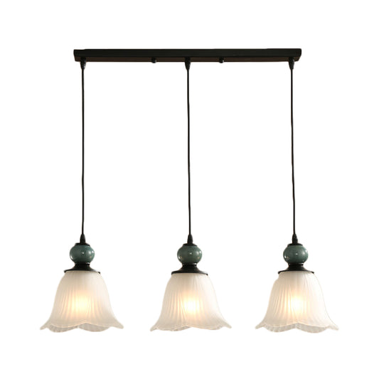 Frosted Ribbed Glass Flared Cluster Pendant Rustic 3 Lights Dining Room Hanging Lamp Kit in Black with Round/Linear Canopy Clearhalo 'Ceiling Lights' 'Pendant Lights' 'Pendants' Lighting' 785714