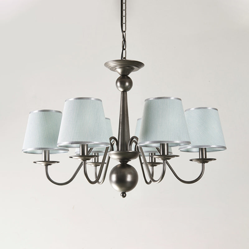 Metal Silver/Blue/White and Silver Hanging Light Curving Arm 6 Lights Rustic Pendant Chandelier with Cone Fabric Shade Clearhalo 'Ceiling Lights' 'Chandeliers' Lighting' options 785722