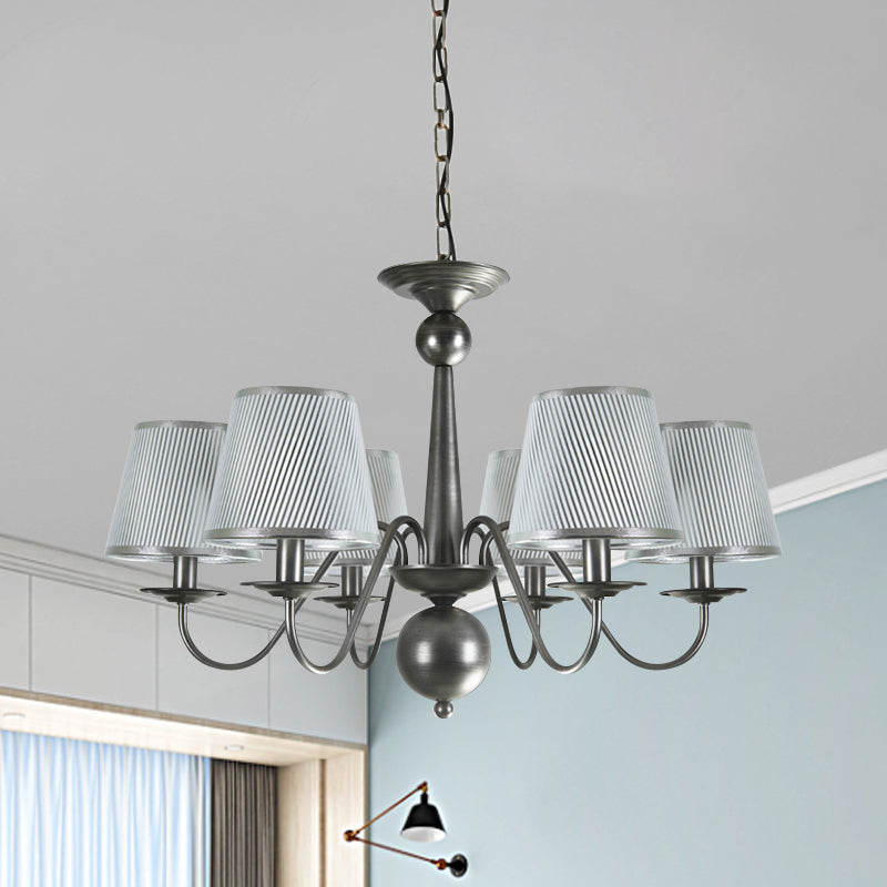 Metal Silver/Blue/White and Silver Hanging Light Curving Arm 6 Lights Rustic Pendant Chandelier with Cone Fabric Shade Clearhalo 'Ceiling Lights' 'Chandeliers' Lighting' options 785730