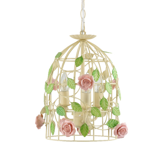 Iron Beige Drop Lamp Rose Vine Wrapped Around Birdcage 3-Light Countryside Chandelier Light Fixture Clearhalo 'Ceiling Lights' 'Chandeliers' Lighting' options 785736