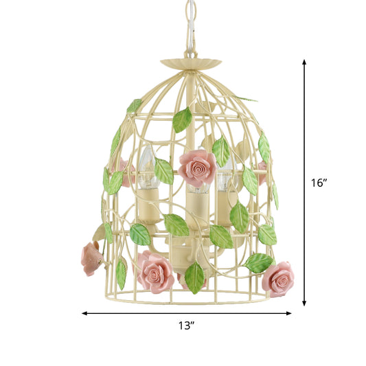 Iron Beige Drop Lamp Rose Vine Wrapped Around Birdcage 3-Light Countryside Chandelier Light Fixture Clearhalo 'Ceiling Lights' 'Chandeliers' Lighting' options 785737