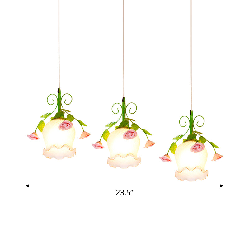 Opal Glass Ruffle Cluster Pendant Pastoral Style 3 Lights Dining Room Suspension Lamp in Green with Round/Linear Canopy Clearhalo 'Ceiling Lights' 'Close To Ceiling Lights' 'Glass shade' 'Glass' 'Pendant Lights' 'Pendants' Lighting' 785771