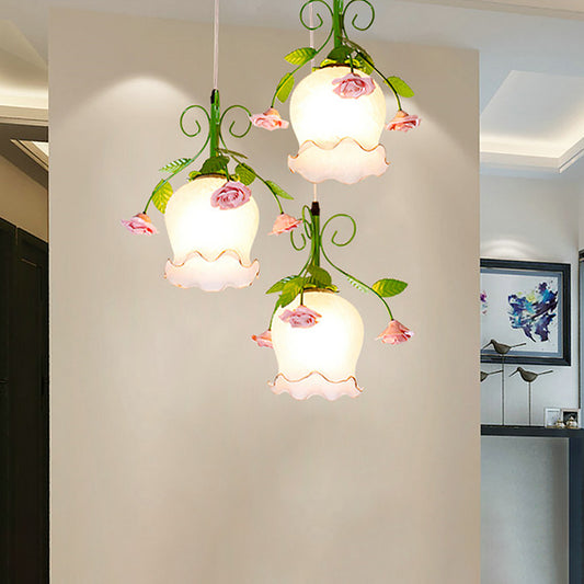 Opal Glass Ruffle Cluster Pendant Pastoral Style 3 Lights Dining Room Suspension Lamp in Green with Round/Linear Canopy Clearhalo 'Ceiling Lights' 'Close To Ceiling Lights' 'Glass shade' 'Glass' 'Pendant Lights' 'Pendants' Lighting' 785773