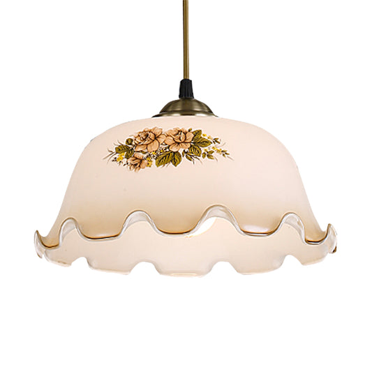 1-Light Scalloped Bowl Drop Pendant Pastoral White Printed Glass Hanging Ceiling Light Clearhalo 'Ceiling Lights' 'Glass shade' 'Glass' 'Pendant Lights' 'Pendants' Lighting' 785816