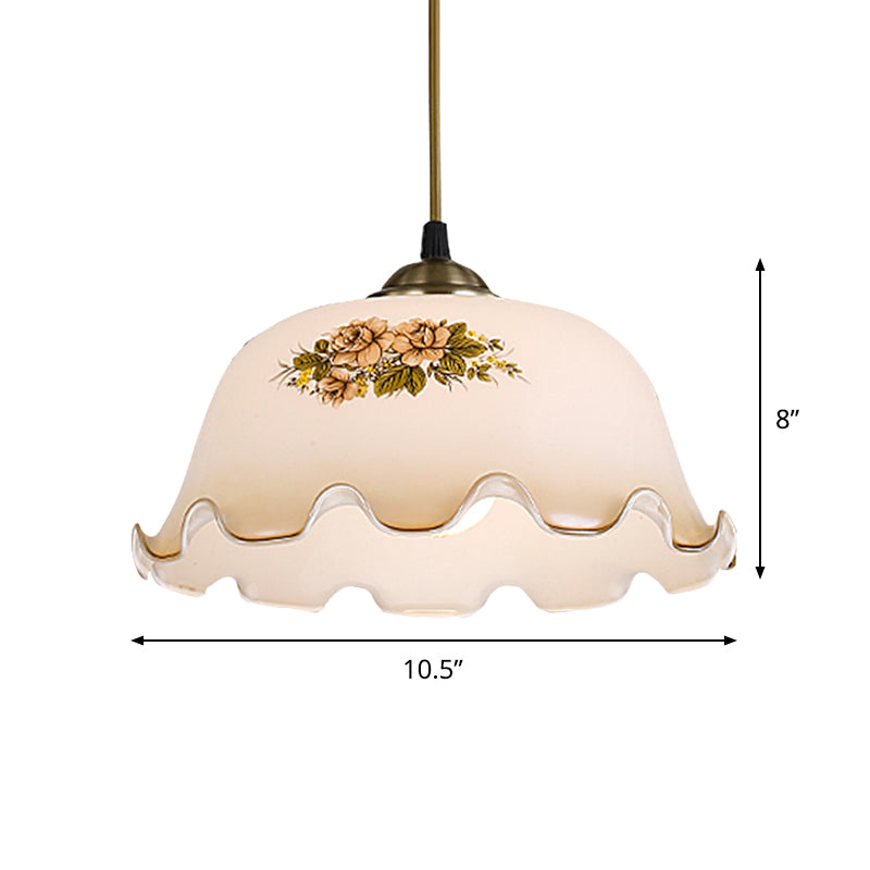 1-Light Scalloped Bowl Drop Pendant Pastoral White Printed Glass Hanging Ceiling Light Clearhalo 'Ceiling Lights' 'Glass shade' 'Glass' 'Pendant Lights' 'Pendants' Lighting' 785817