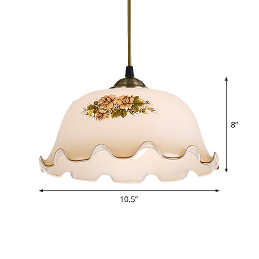 1-Light Scalloped Bowl Drop Pendant Pastoral White Printed Glass Hanging Ceiling Light Clearhalo 'Ceiling Lights' 'Glass shade' 'Glass' 'Pendant Lights' 'Pendants' Lighting' 785817