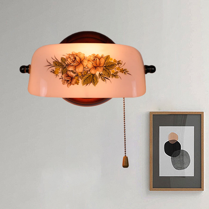 1 Head Flower Pattern Shaded Wall Light American Garden White Glass Wall Mounted Lamp with Pull Chain White Clearhalo 'Wall Lamps & Sconces' 'Wall Lights' Lighting' 785838