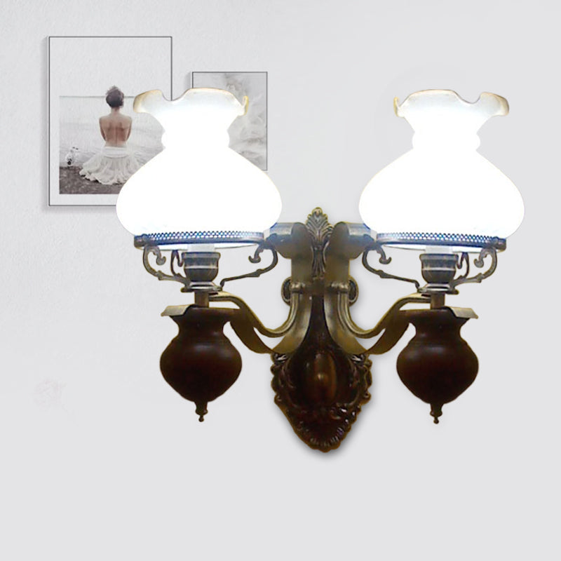 Pastoral Handmade Jug Wall Sconce 1/2-Head Opaline Ribbed Glass Wall Mount Light Fixture in Bronze 2.0 Bronze Clearhalo 'Wall Lamps & Sconces' 'Wall Lights' Lighting' 785846