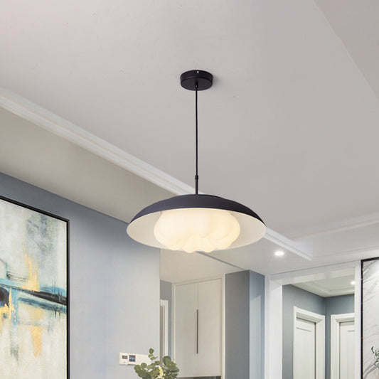Macaron Wide Bowl Pendant Light Iron Dining Table Suspension Lamp in Black/Blue with Inner Round Shade Black Clearhalo 'Ceiling Lights' 'Modern Pendants' 'Modern' 'Pendant Lights' 'Pendants' Lighting' 785987