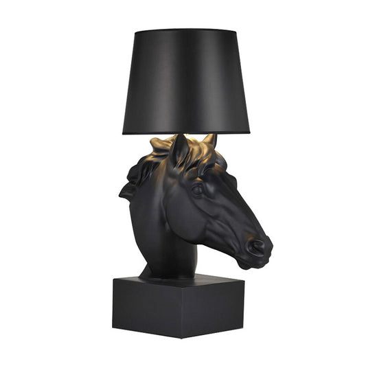 1 Bulb Fabric Table Lighting Country Style Black Tapering Parlor Night Lamp with Steed Head Base Clearhalo 'Lamps' 'Table Lamps' Lighting' 786050