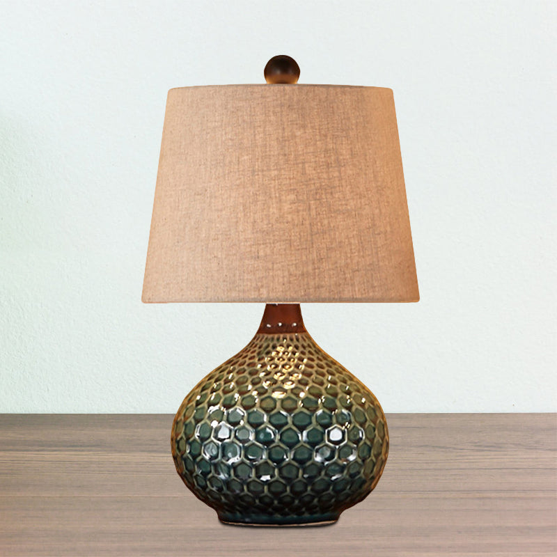 Tapered Drum Fabric Night Lamp Retro 1-Light Living Room Table Light in White/Coffee with Onion Ceramic Base Clearhalo 'Lamps' 'Table Lamps' Lighting' 786113