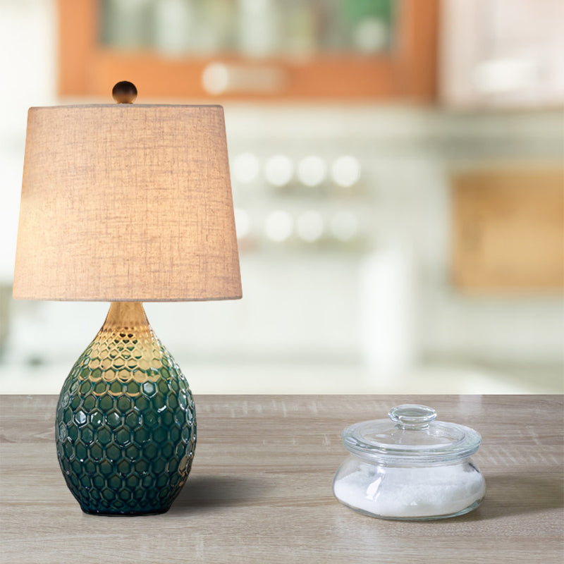 Fabric Silver Grey/Beige Table Lighting Barrel 1 Head Rustic Night Stand Lamp with Oval Ceramic Pedestal Beige Clearhalo 'Lamps' 'Table Lamps' Lighting' 786120