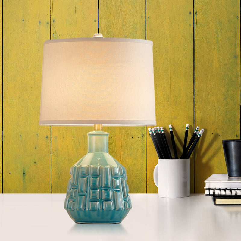 Fabric Scalloped Bell/Drum Table Lamp Vintage 1 Bulb Parlor Nightstand Light with Ceramic Pot Base in Blue Clearhalo 'Lamps' 'Table Lamps' Lighting' 786139
