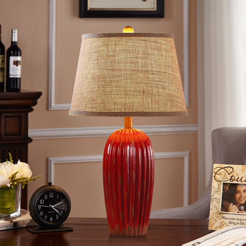 Red/Blue 1-Light Nightstand Lamp Rural Ceramic Ribbed Pottery Table Light with Tapered Drum Fabric Shade Red A Clearhalo 'Lamps' 'Table Lamps' Lighting' 786152