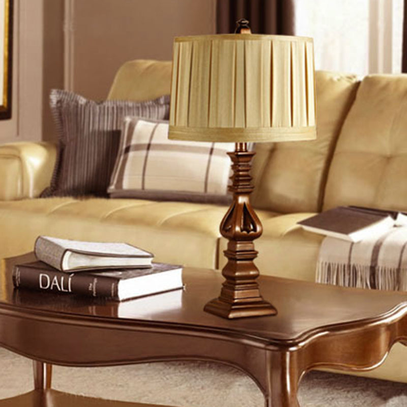 1 Head Drum Shade Table Lamp Rustic Red Brown Pleated Fabric Night Stand Light for Living Room Red Brown Clearhalo 'Lamps' 'Table Lamps' Lighting' 786184