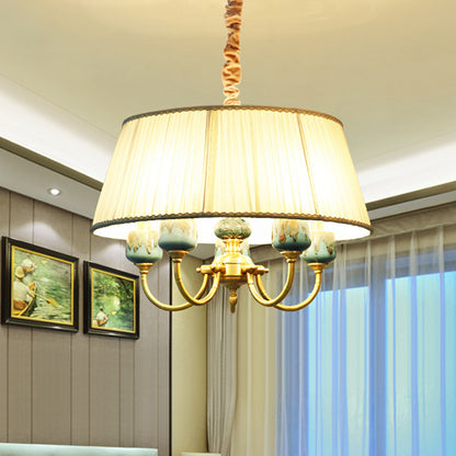 Drum Shade Fabric Hanging Lamp Rural Style 5 Lights Dining Room Chandelier Pendant Light in White White Clearhalo 'Ceiling Lights' 'Chandeliers' Lighting' options 786296_e8fc8fe5-729a-44e1-a381-574a310635b4