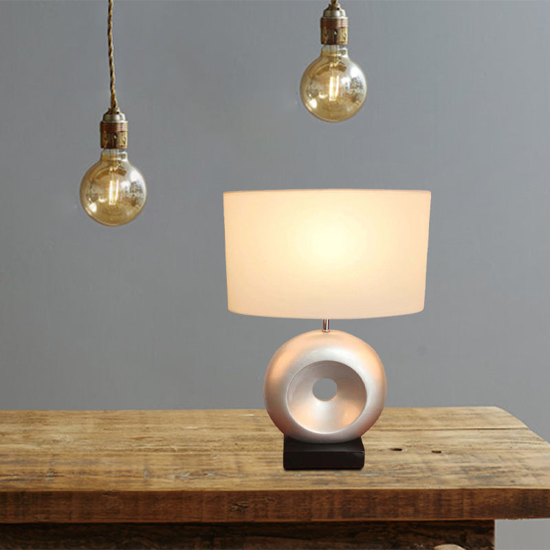 Resin Silver/Black Table Light Circle 1 Bulb Transitional Nightstand Light with Rectangle/Drum Fabric Shade Clearhalo 'Lamps' 'Table Lamps' Lighting' 786323
