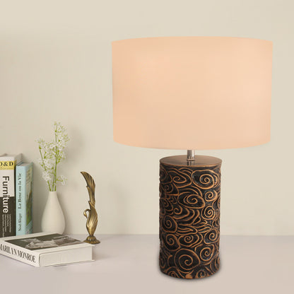 1 Head Resin Table Lighting Vintage Bronze Scroll Patterned Pillar Bedroom Night Lamp with Round Fabric Lamp Shade Bronze Clearhalo 'Lamps' 'Table Lamps' Lighting' 786330