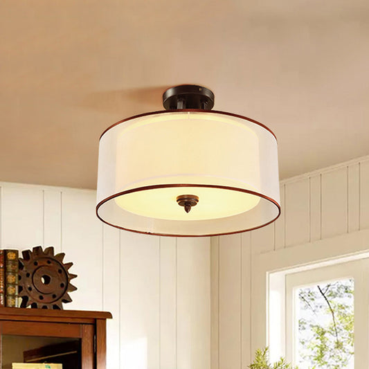 3/5 Lights Semi Flush Classic Style Double Drum Shade Fabric Ceiling Mounted Fixture in Black, 16"/19.5" Wide Black Clearhalo 'Ceiling Lights' 'Close To Ceiling Lights' 'Close to ceiling' 'Semi-flushmount' Lighting' 786342