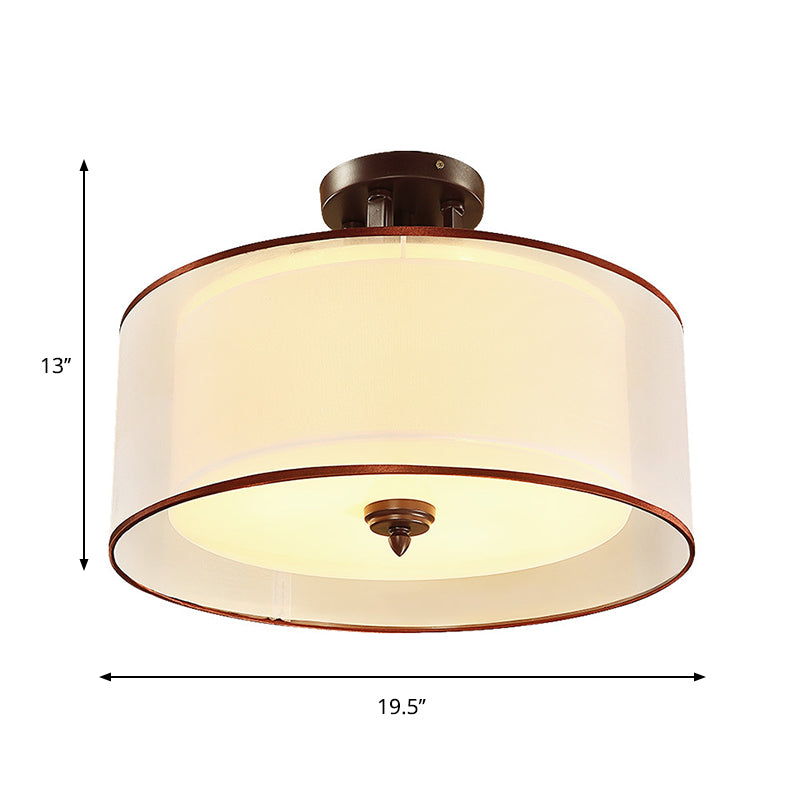 3/5 Lights Semi Flush Classic Style Double Drum Shade Fabric Ceiling Mounted Fixture in Black, 16"/19.5" Wide Clearhalo 'Ceiling Lights' 'Close To Ceiling Lights' 'Close to ceiling' 'Semi-flushmount' Lighting' 786346
