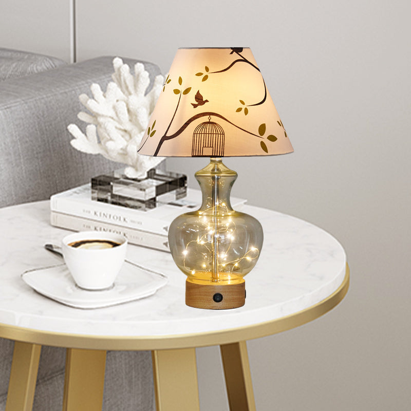 Clear Glass Urn/Diamond Night Lamp Contemporary 1-Bulb Bedroom Table Light with Cone Printing Fabric Shade Clearhalo 'Lamps' 'Table Lamps' Lighting' 786409